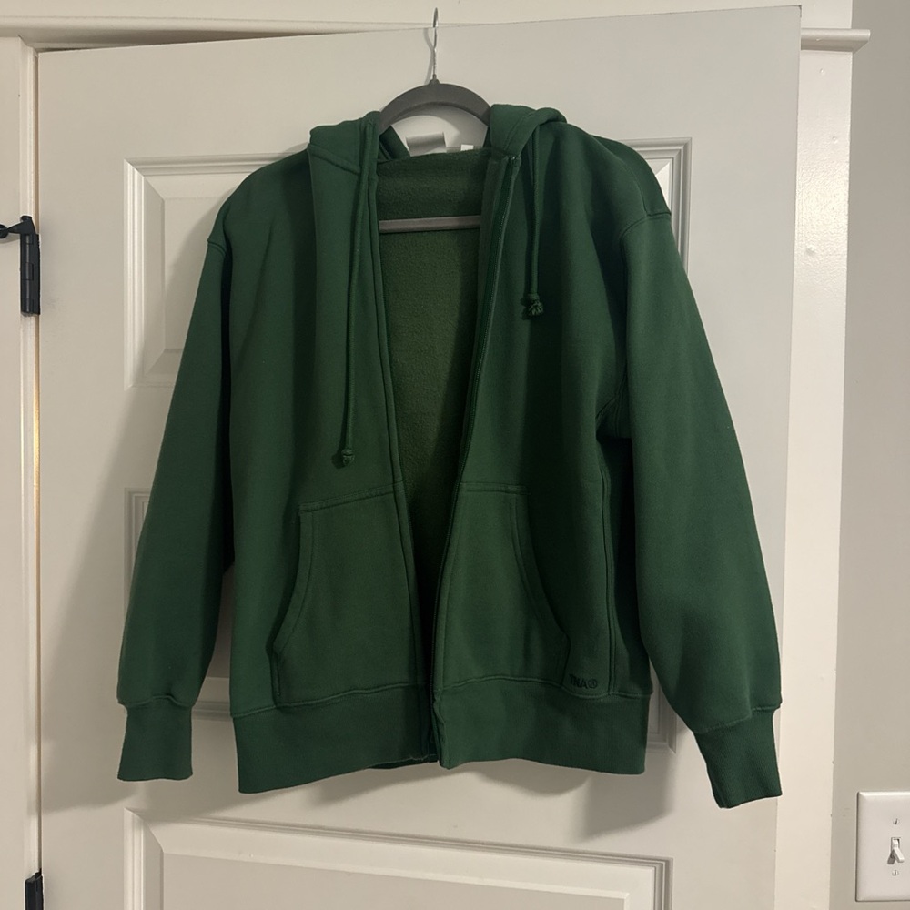TNA Aritzia Cozy Fleece Hoodie and joggers in Forest Green